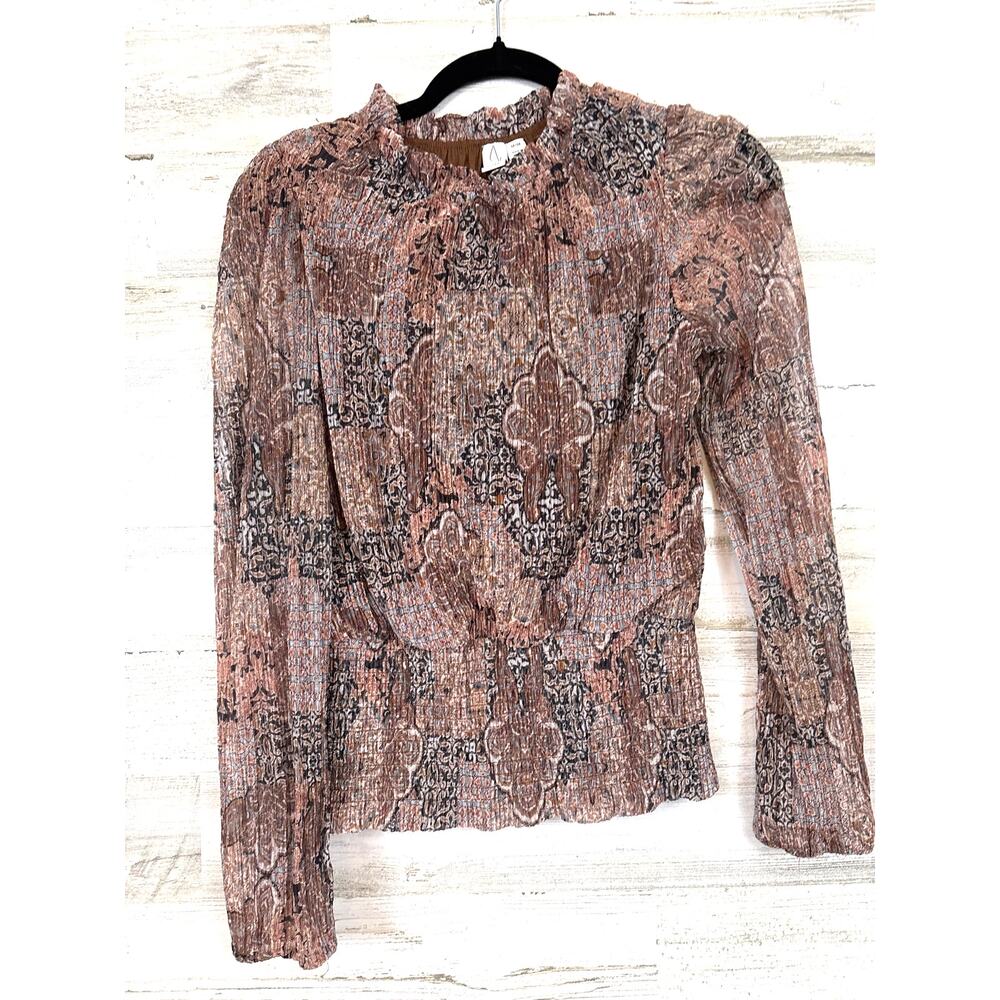 Joie Womens M Brown Multi Metallic Smocked Long Sleeve Blouse Boho